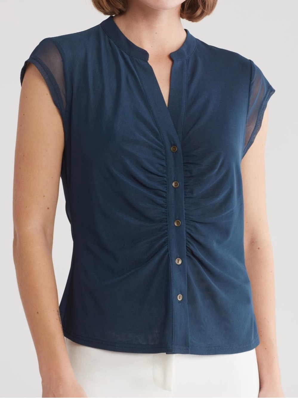 Ruched Mesh Button Front Shirt